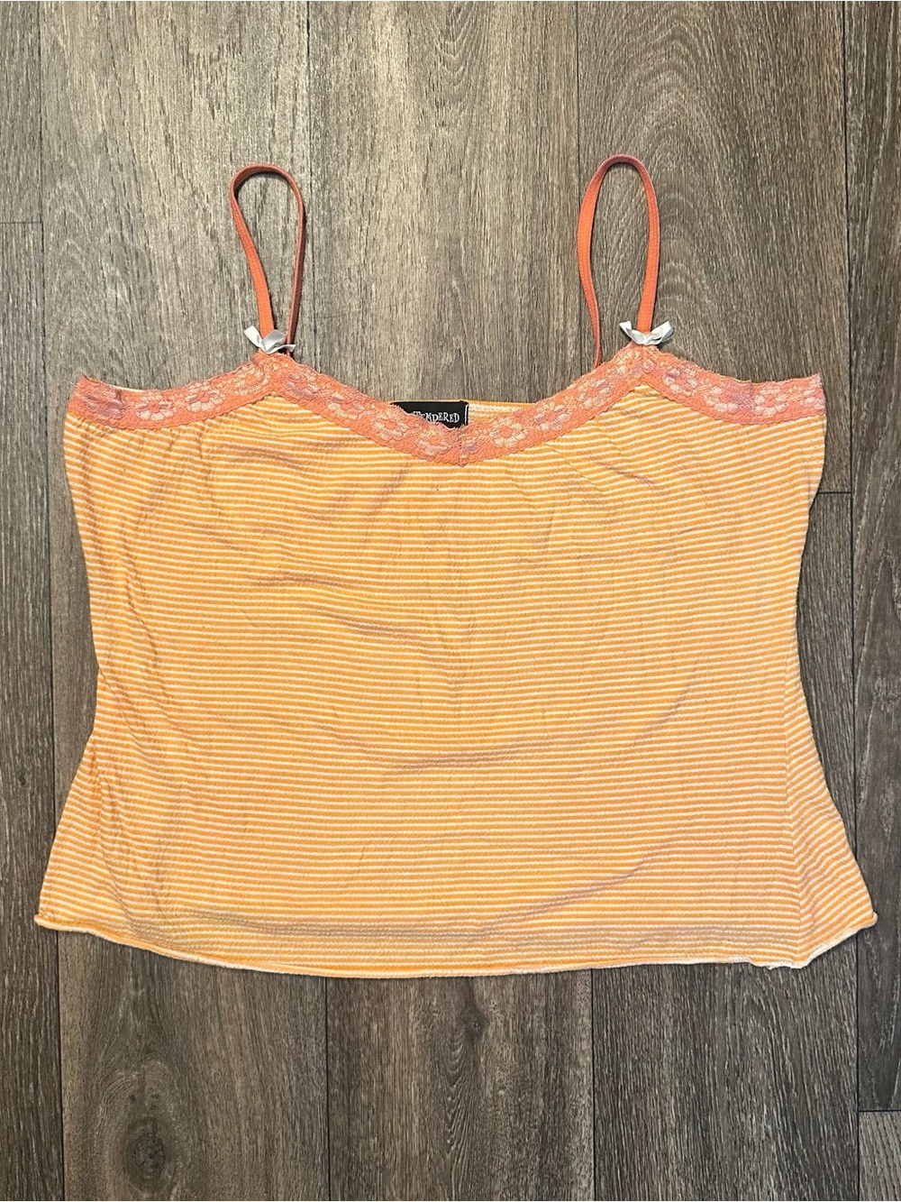 Hot Tempered “don’t be afraid” striped orange lace trim camisole tank Sz S/M